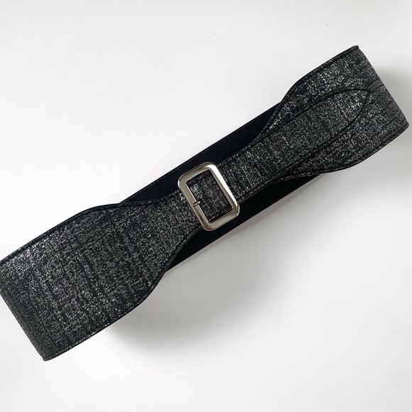 YSL Yves Saint Laurent Metallic Wide Belt Silver Buckle